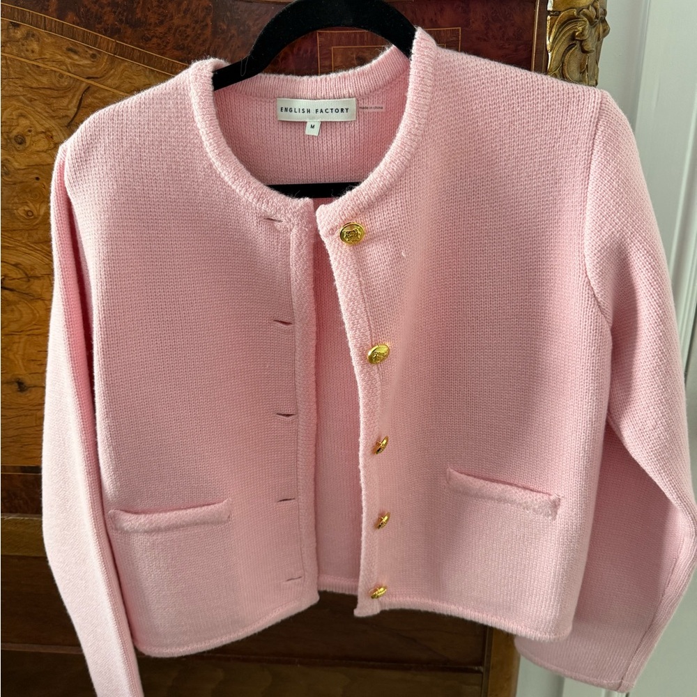 English Factory Pink Knit Cardigan with Gold Accents